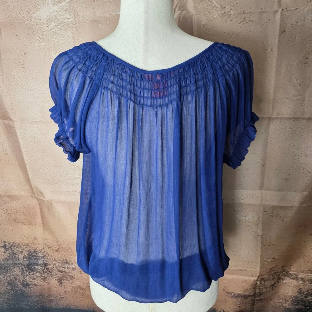 Joe Fresh Royal Blue Peasant Blouse Semi‎ Sheer Smocked Ruffle Top Womens Medium